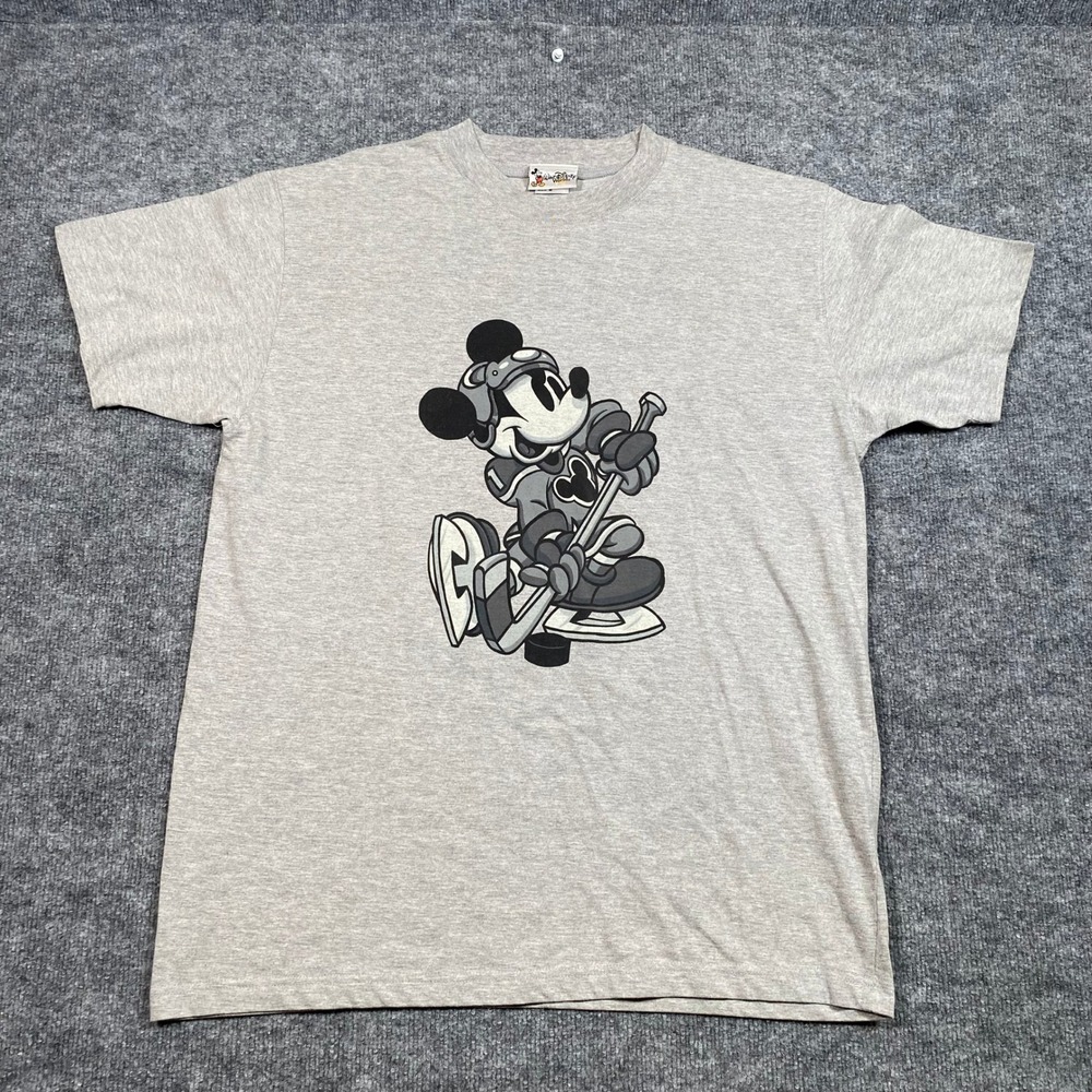 Walt Disney World Mickey Mouse Hockey Graphic T-Shirt Mens Medium Grey Cotton